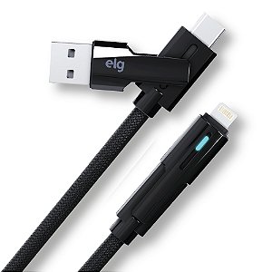 Cabo em 4 em 1 ,USB Tipo-C, USB-A e Lightning, 3A e 60 W, 1,2 metro, Preto, CS41FLEX, ELG