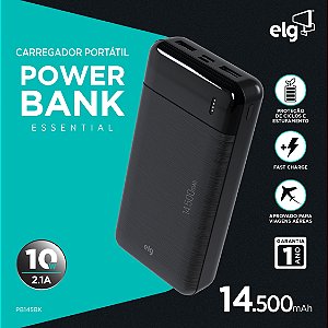 Power Bank Carregador Portátil, LED Indicador, 14500mAh 10.5W, Turbo, Preto, PB145BK, ELG