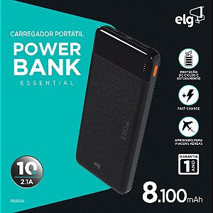 Power Bank Carregador Portátil, LED Indicador, 8100mAh 10.5W, Turbo, Preto, PB81BK, ELG