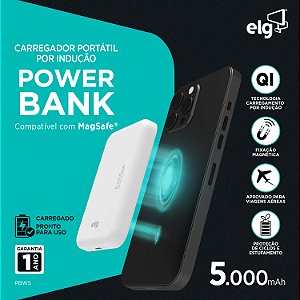 Power Bank Carregador Portátil, MagSafe, 5000mAh 5W, Turbo, Indução, Branco, PBW5, ELG