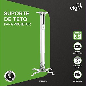 Suporte de Teto para Projetor com Ajuste de Altura 54,5 a 90cm ELG PRO1100W, Até 13,5kg, Giro 360° e Inclinação ±15°, Branco