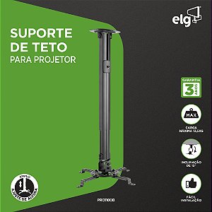 Suporte de Teto Ajustável para Projetor ELG PRO1100B, Altura 54,5–90cm, Até 13,5kg, Giro 360°, Inclinação ±15°, Preto