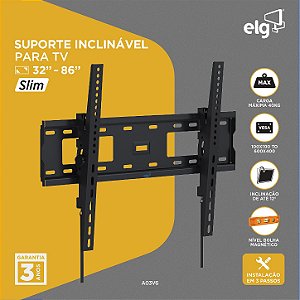Suporte Inclinável para TV, 32" a 86, Compativel com TV LED, LCD, Plasma, Suporte Até 40kg, Preto, A03V6, ELG