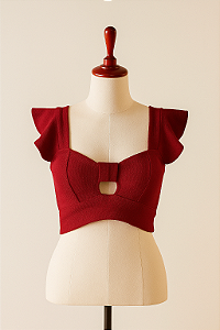 Blusinha cropped feminina em tricô canelado com detalhe de laço frontal