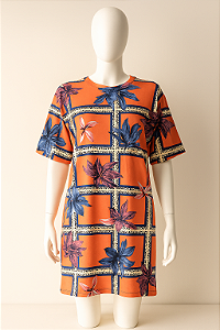 Vestido camisão floral laranja com detalhes em azul