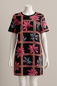 Vestido camisão floral preto com detalhes em rosa e verde