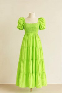 Vestido Midi Verde Neon Feminino com Mangas Bufantes