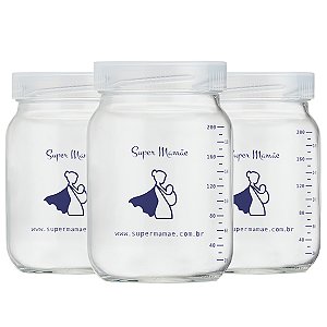 Kit 3 Potes de Vidro para Leite Materno Super Mamãe 200ml com Graduação