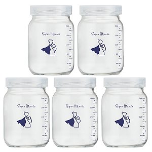 Kit 5 Potes de Vidro para Leite Materno Super Mamãe 200ml com Graduação
