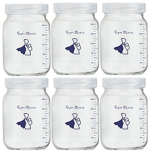 Kit 6 Potes de Vidro para Leite Materno Super Mamãe 200ml com Graduação