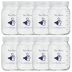Kit 8 Potes de Vidro para Leite Materno Super Mamãe 200ml com Graduação