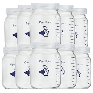 Kit 10 Potes de Vidro para Leite Materno Super Mamãe 200ml com Graduação