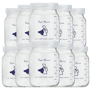 Kit 14 Potes de Vidro para Leite Materno Super Mamãe 200ml com Graduação