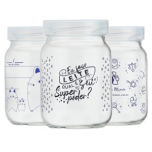 Kit 3 Potes de Vidro para Leite Materno Super Mamãe 200ml Decorados