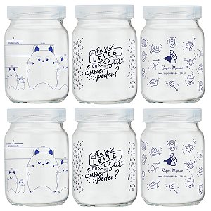Kit 6 Potes de Vidro para Leite Materno Super Mamãe 200ml Decorados
