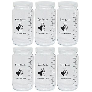 Kit 6 Potes de Vidro para Leite Materno Super Mamãe 300ml com Graduação