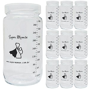 Kit 10 Potes de Vidro para Leite Materno Super Mamãe 300ml com Graduação