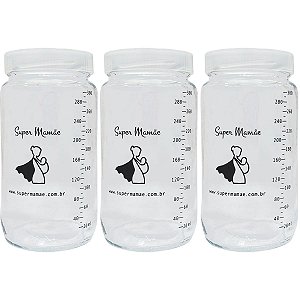 Kit 3 Potes de Vidro para Leite Materno Super Mamãe 300ml com Graduação