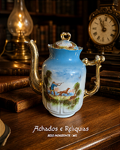 Bule Belle Époque de Porcelana de Limoges, França - Caçada Campestre