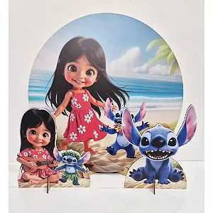 Kit Festa de Aniversário Na Mesa Lilo e Stitch De MDF Painel Redondo Romano Display Adesivados