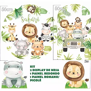 Kit Festa Na Mesa De Aniversário Safari Cute Baby Aquarelado Painel Redondo e Romano Com Display De MDF
