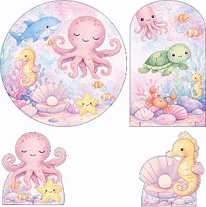 Fundo do Mar Rosa Kit Festa na Mesa 50cm Painel Redondo Romano e Display Mdf