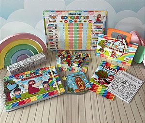 Kit Colorindo para Jesus – Bíblia Infantil, Livro para Colorir, Cards Educativos, Mural das Conquistas e Estojo Criativo