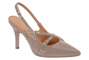 Scarpin Vizzano Verniz Salto Fino Tiras Com Fivelas Taupe