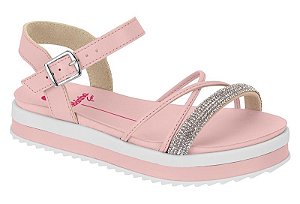 Sandalia Flat Molekinha Com Tiras E Strass Rosa/Cristal