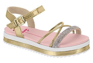 Sandalia Flat Molekinha Com Tiras E Strass Dourado/Cristal
