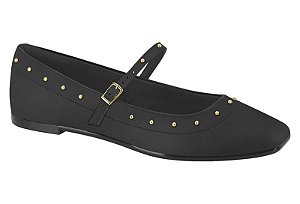 Sapatilha Moleca Boneca Com Fivela Bico Redondo Com Tachas Douradas Preto