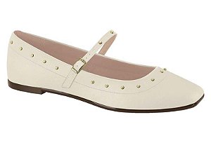 Sapatilha Moleca Boneca Com Fivela Bico Redondo Com Tachas Douradas Branco Off