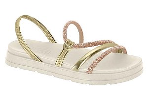 Sandalia Moleca Flat Tiras Com Strass Ouro Rosado