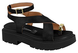 Sandalia Vizzano Flat Tratorada Com Detalhe Dourado Amarração Preto