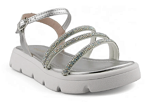 Sandalia Flat Fuffy Fivela Metalizada Tiras Com Strass Prata