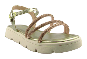 Sandalia Flat Fuffy Fivela Metalizada Tiras Com Strass Ouro Light