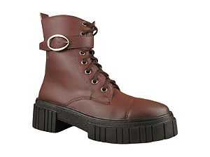 Bota Coturno Donna Lolita Salto Bloco Tira Fivela Cadarço Brown
