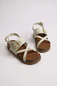 Papete Moleca Feminina Com Tiras Cruzadas E Fivela Dourada Confortável Branco Off