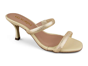 Tamanco Via Scarpa Salto Fino Lezard Metalizado Calce Facil Ouro Light