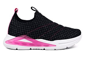 Tênis Meia Infantil Anninha Glitter Calce Fácil Com Led Preto/Pink