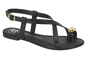 Sandalia Rasteira Moleca Dedinho Com Adorno Dourado Preto