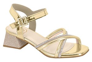 Sandalia Molekinha Tiras Com Strass Salto Bloco Com Gliter Metalizada  Dourado