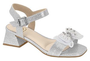 Sandalia Infantil Molekinha Saltinho Bloco Laço Com Pedras Glitter Prata