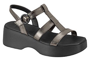 Sandália Flat Moleca Com Tiras Frontal E Fivela Metalizada Grafitte/Preto