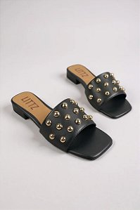 Tamanco Feminino Com Salto Baixo E Bolinha Com Brilho  Preto/Ouro