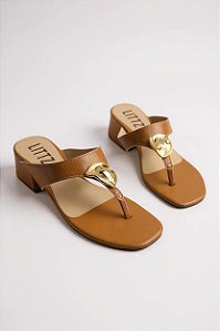 Tamanco Feminino Littz Com Salto Baixo  Calf Ambar/Ouro