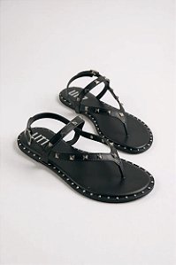Sandália Feminina Littz Rasteira Tira Com Spikes E Fivela Preto/Onix