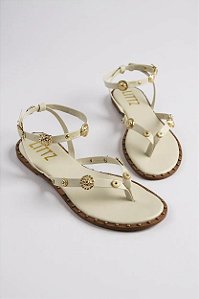 Sandália Feminina Littz Rasteira Tiira E Fivela  Off White/Ouro