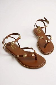 Sandália Feminina Littz Rasteira Tiira E Fivela  Caramelo/Ouro