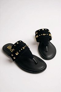 Sandalia Rasteira Feminina Com Spikes Calce Facil Camurca Preto/Ouro